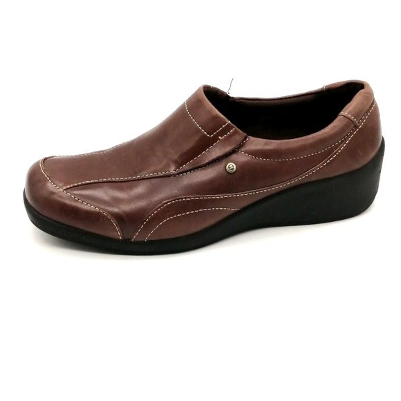 Eurostep Womens‎ Loafer Emma Brown Leather Wedge Heel Slip On Elastic Insets 9.5 - Picture 1 of 9